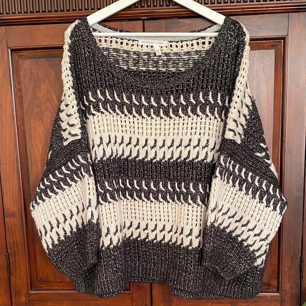 Victoria's Secret Black and Cream Striped Open-Knit Crewneck Sweater